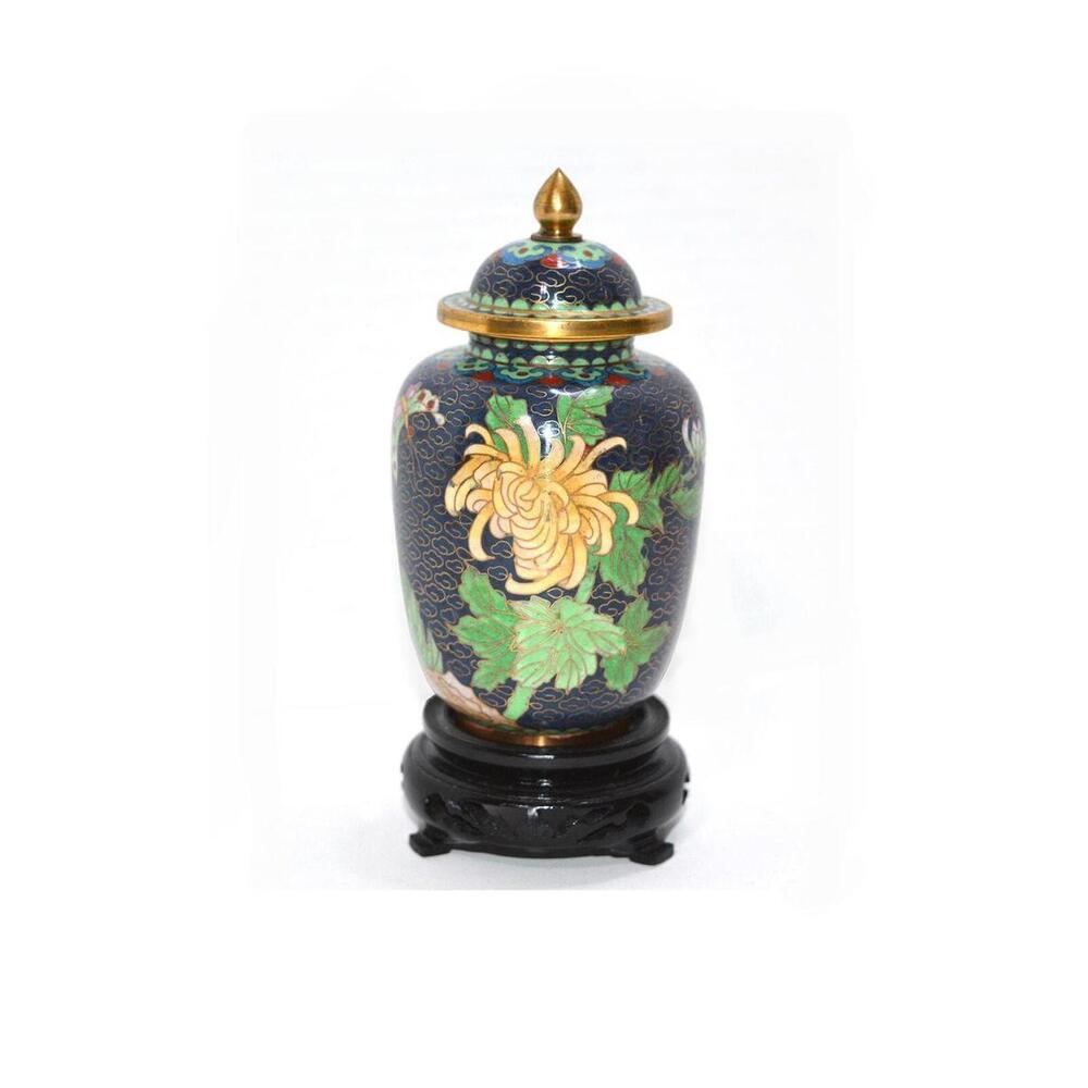 Chinese Cloisonne Vase Urn Ginger Jar Mums & Butterfly in Blue, Gold 6.25"